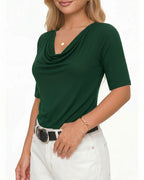 MANGOPOP Half-Sleeve Cowl Neck 3/4-sleeve T Blouse Deep Green