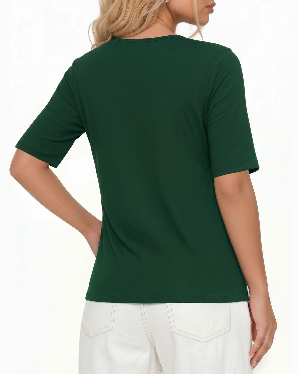 MANGOPOP Half-Sleeve Cowl Neck 3/4-sleeve T Blouse Deep Green