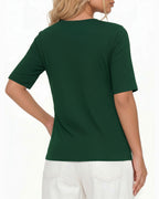 MANGOPOP Half-Sleeve Cowl Neck 3/4-sleeve T Blouse Deep Green