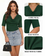 MANGOPOP Half-Sleeve Cowl Neck 3/4-sleeve T Blouse Deep Green