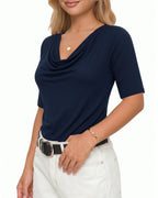 MANGOPOP Half-Sleeve Cowl Neck 3/4-sleeve T Blouse Deep Blue