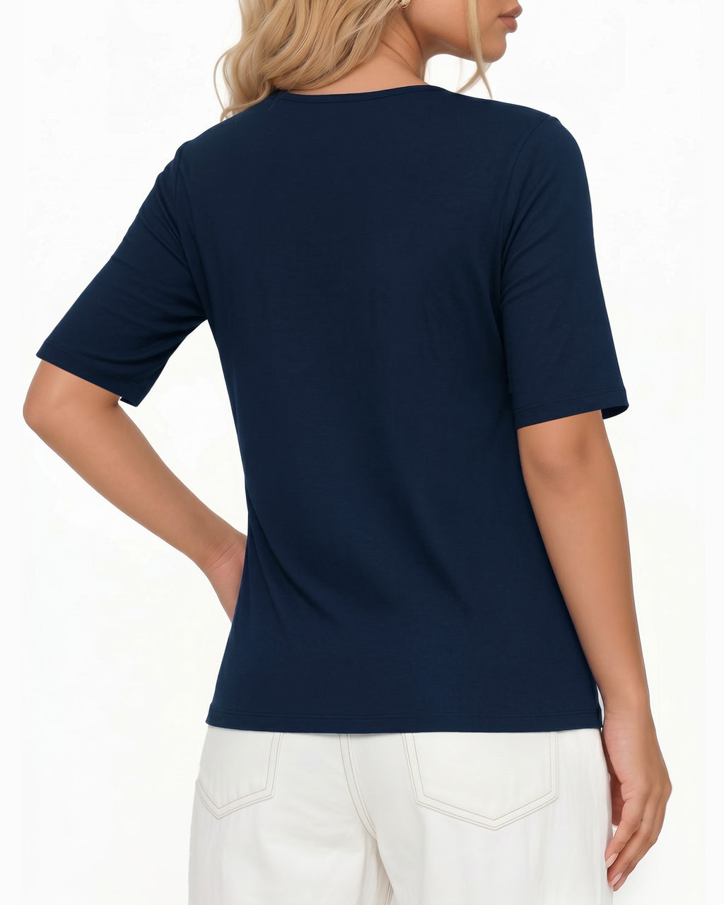 MANGOPOP Half-Sleeve Cowl Neck 3/4-sleeve T Blouse Deep Blue