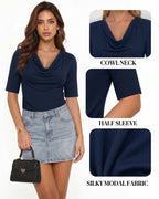 MANGOPOP Half-Sleeve Cowl Neck 3/4-sleeve T Blouse Deep Blue