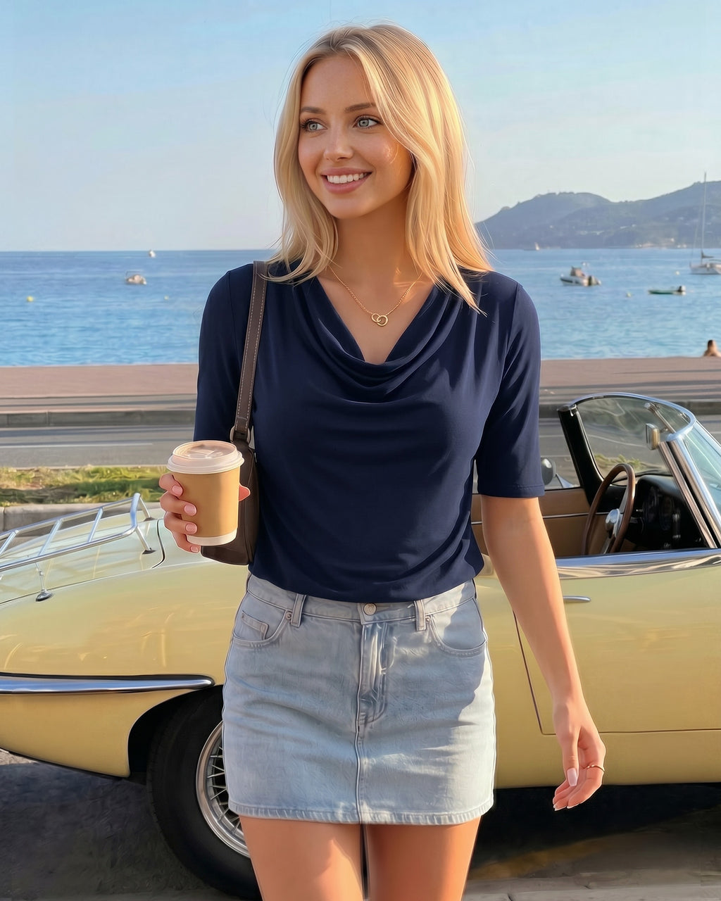 MANGOPOP Half-Sleeve Cowl Neck 3/4-sleeve T Blouse Deep Blue
