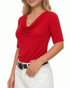 MANGOPOP Half-Sleeve Cowl Neck 3/4-sleeve T Blouse Red