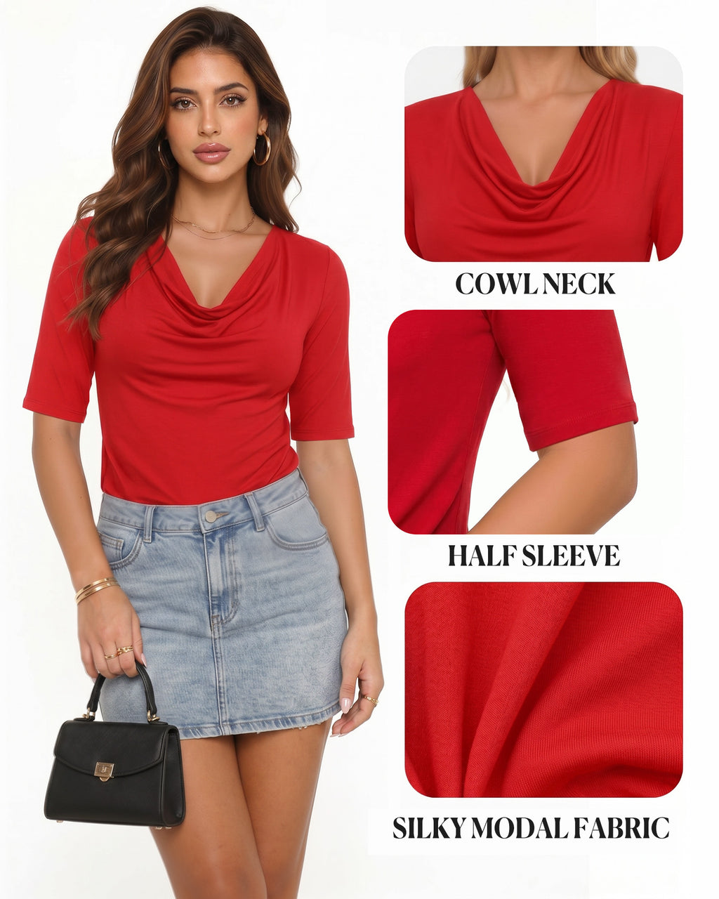 MANGOPOP Half-Sleeve Cowl Neck 3/4-sleeve T Blouse Red
