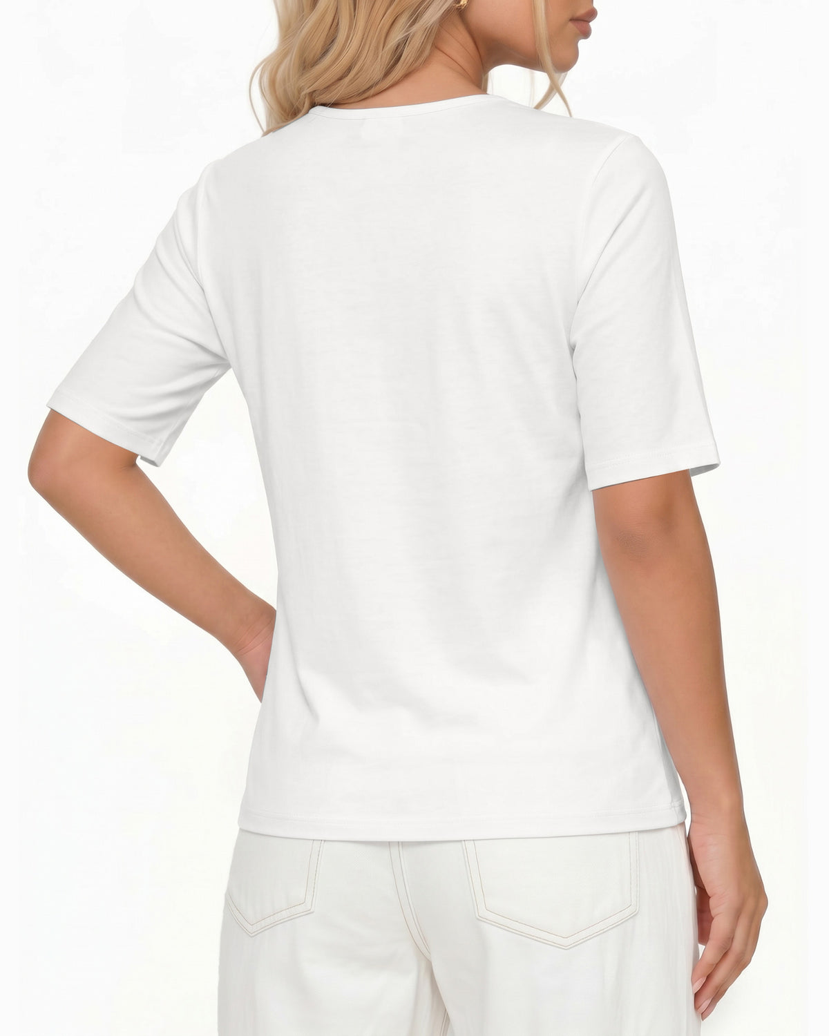 MANGOPOP Half-Sleeve Cowl Neck 3/4-sleeve T Blouse White