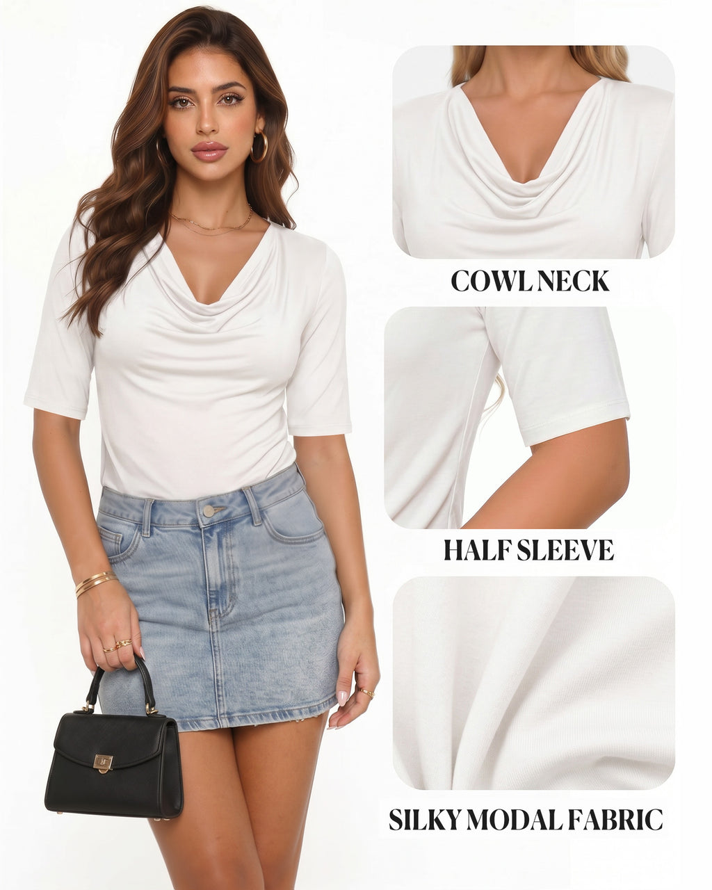 MANGOPOP Half-Sleeve Cowl Neck 3/4-sleeve T Blouse White