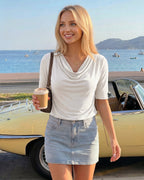 MANGOPOP Half-Sleeve Cowl Neck 3/4-sleeve T Blouse White