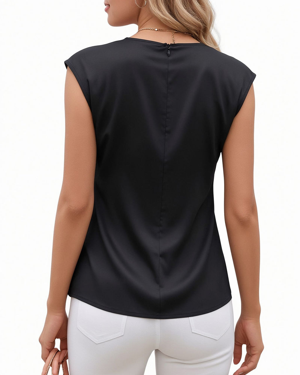MANGOPOP Satin Peplum Short-Sleeve Crew Neck Cinched-Waist Blouse Black