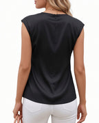 MANGOPOP Satin Peplum Short-Sleeve Crew Neck Cinched-Waist Blouse Black