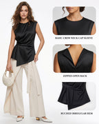 MANGOPOP Satin Peplum Short-Sleeve Crew Neck Cinched-Waist Blouse Black