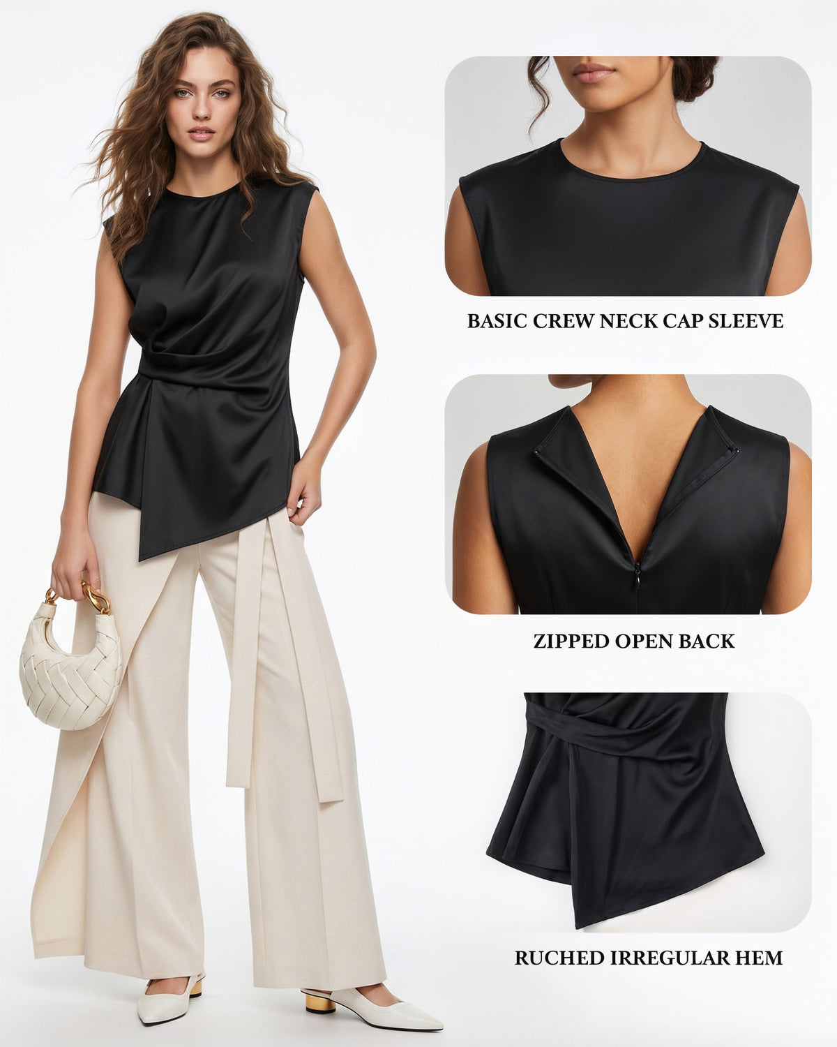 MANGOPOP Satin Peplum Short-Sleeve Crew Neck Cinched-Waist Blouse Black