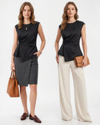 MANGOPOP Satin Peplum Short-Sleeve Crew Neck Cinched-Waist Blouse Black
