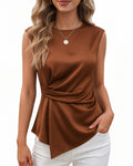 MANGOPOP Satin Peplum Short-Sleeve Crew Neck Cinched-Waist Blouse Coffee