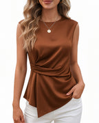 MANGOPOP Satin Peplum Short-Sleeve Crew Neck Cinched-Waist Blouse Coffee