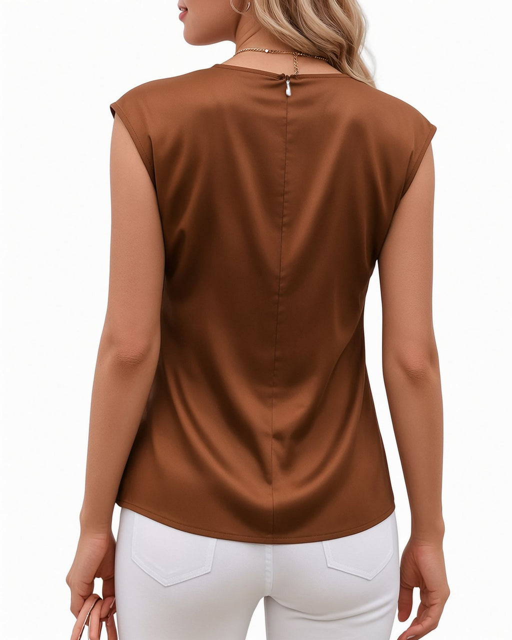 MANGOPOP Satin Peplum Short-Sleeve Crew Neck Cinched-Waist Blouse Coffee