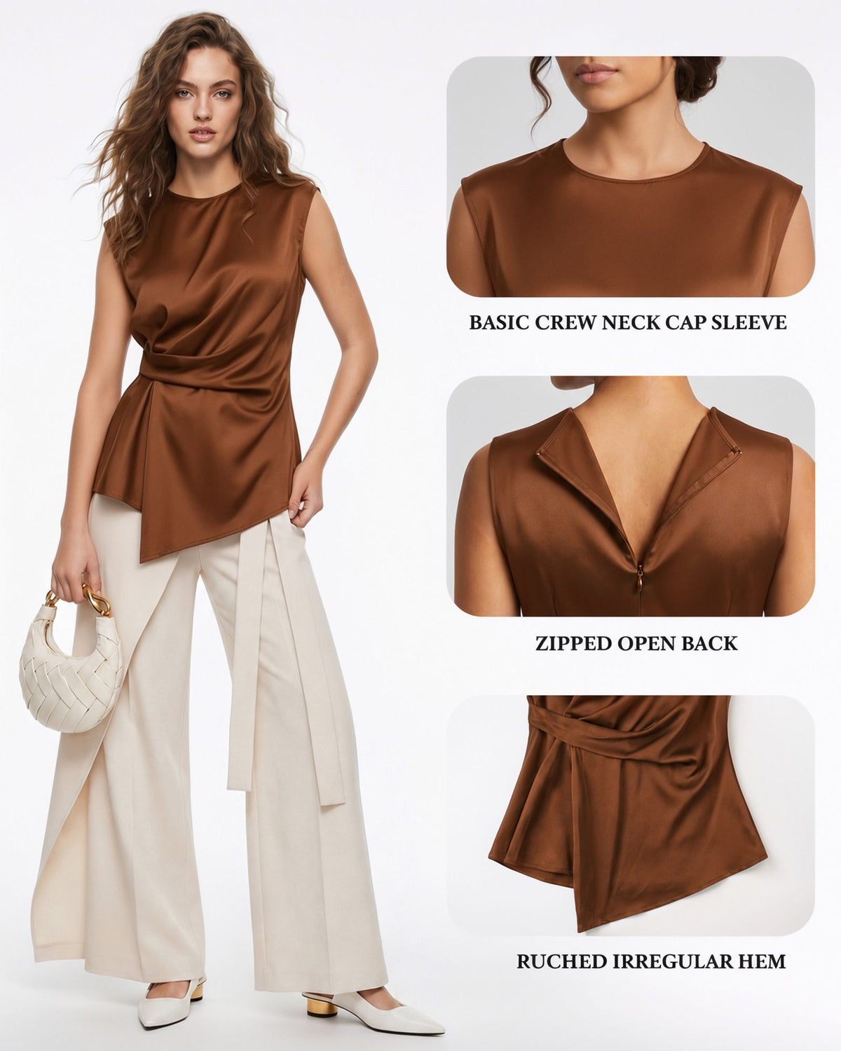 MANGOPOP Satin Peplum Short-Sleeve Crew Neck Cinched-Waist Blouse Coffee