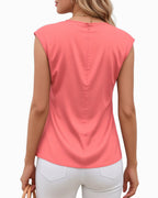 MANGOPOP Satin Peplum Short-Sleeve Crew Neck Cinched-Waist Blouse Pink