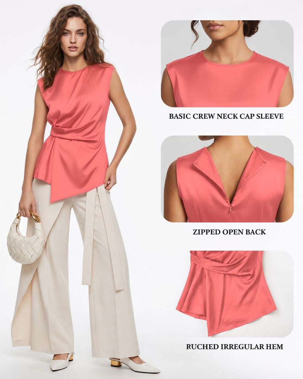 MANGOPOP Satin Peplum Short-Sleeve Crew Neck Cinched-Waist Blouse Pink