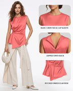 MANGOPOP Satin Peplum Short-Sleeve Crew Neck Cinched-Waist Blouse Pink