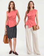 MANGOPOP Satin Peplum Short-Sleeve Crew Neck Cinched-Waist Blouse Pink
