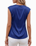 MANGOPOP Satin Peplum Short-Sleeve Crew Neck Cinched-Waist Blouse Royal Blue