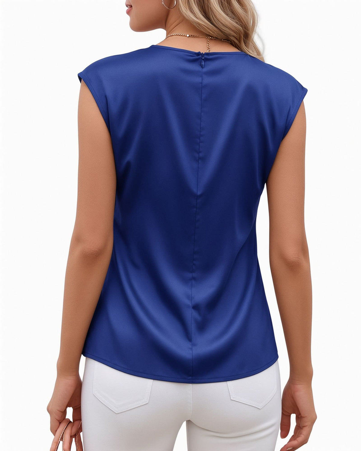 MANGOPOP Satin Peplum Short-Sleeve Crew Neck Cinched-Waist Blouse Royal Blue