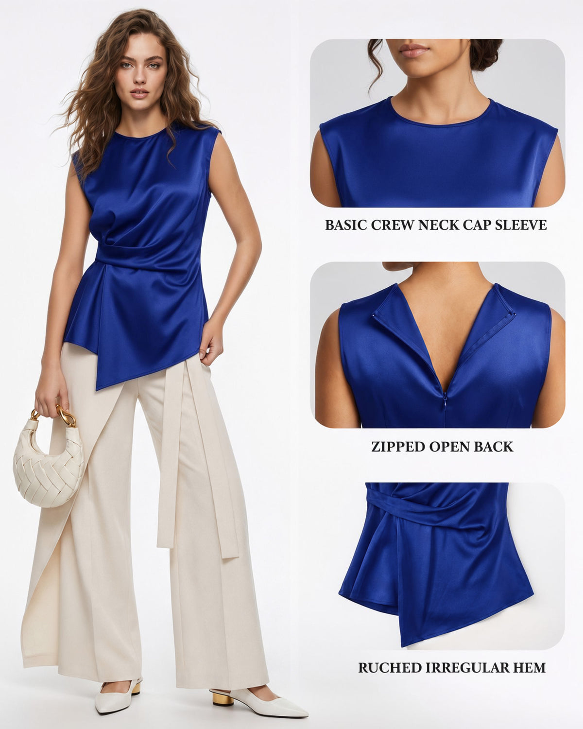 MANGOPOP Satin Peplum Short-Sleeve Crew Neck Cinched-Waist Blouse Royal Blue