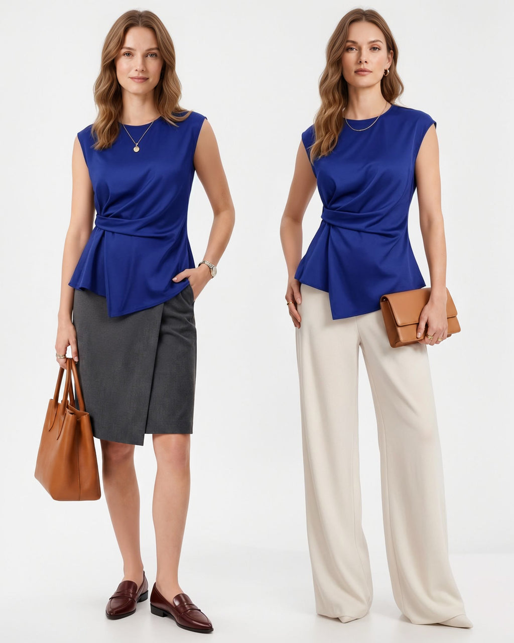 MANGOPOP Satin Peplum Short-Sleeve Crew Neck Cinched-Waist Blouse Royal Blue