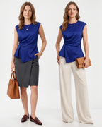 MANGOPOP Satin Peplum Short-Sleeve Crew Neck Cinched-Waist Blouse Royal Blue