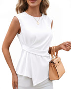 MANGOPOP Satin Peplum Short-Sleeve Crew Neck Cinched-Waist Blouse White