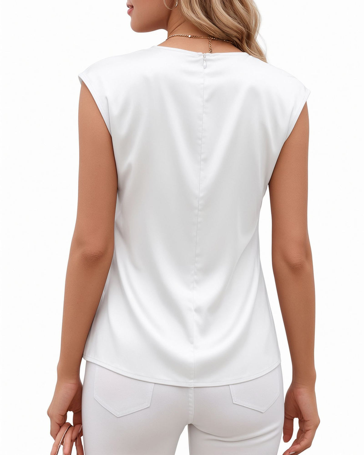 MANGOPOP Satin Peplum Short-Sleeve Crew Neck Cinched-Waist Blouse White