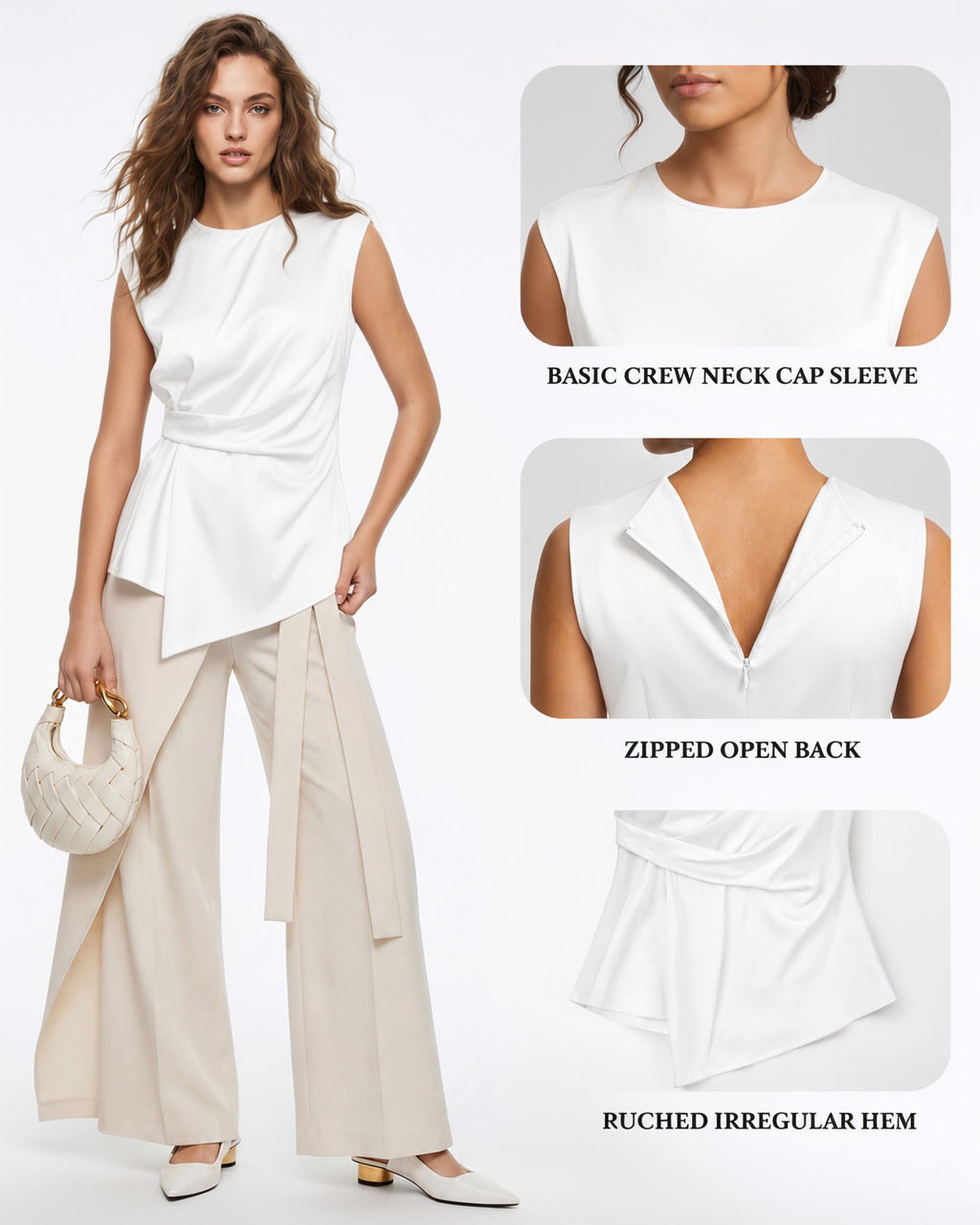 MANGOPOP Satin Peplum Short-Sleeve Crew Neck Cinched-Waist Blouse White
