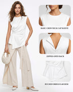 MANGOPOP Satin Peplum Short-Sleeve Crew Neck Cinched-Waist Blouse White
