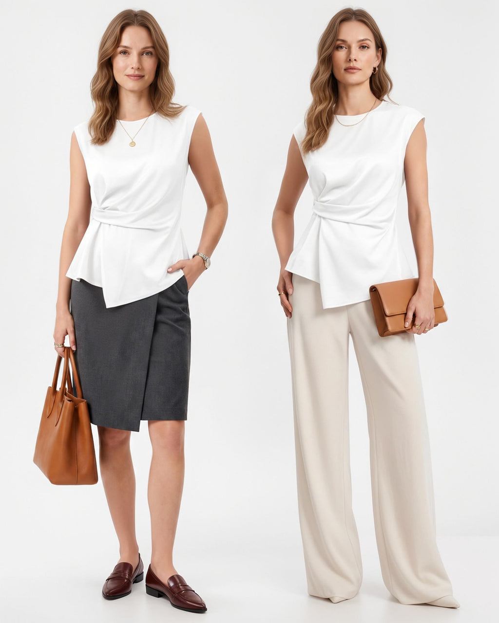 MANGOPOP Satin Peplum Short-Sleeve Crew Neck Cinched-Waist Blouse White