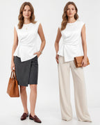 MANGOPOP Satin Peplum Short-Sleeve Crew Neck Cinched-Waist Blouse White
