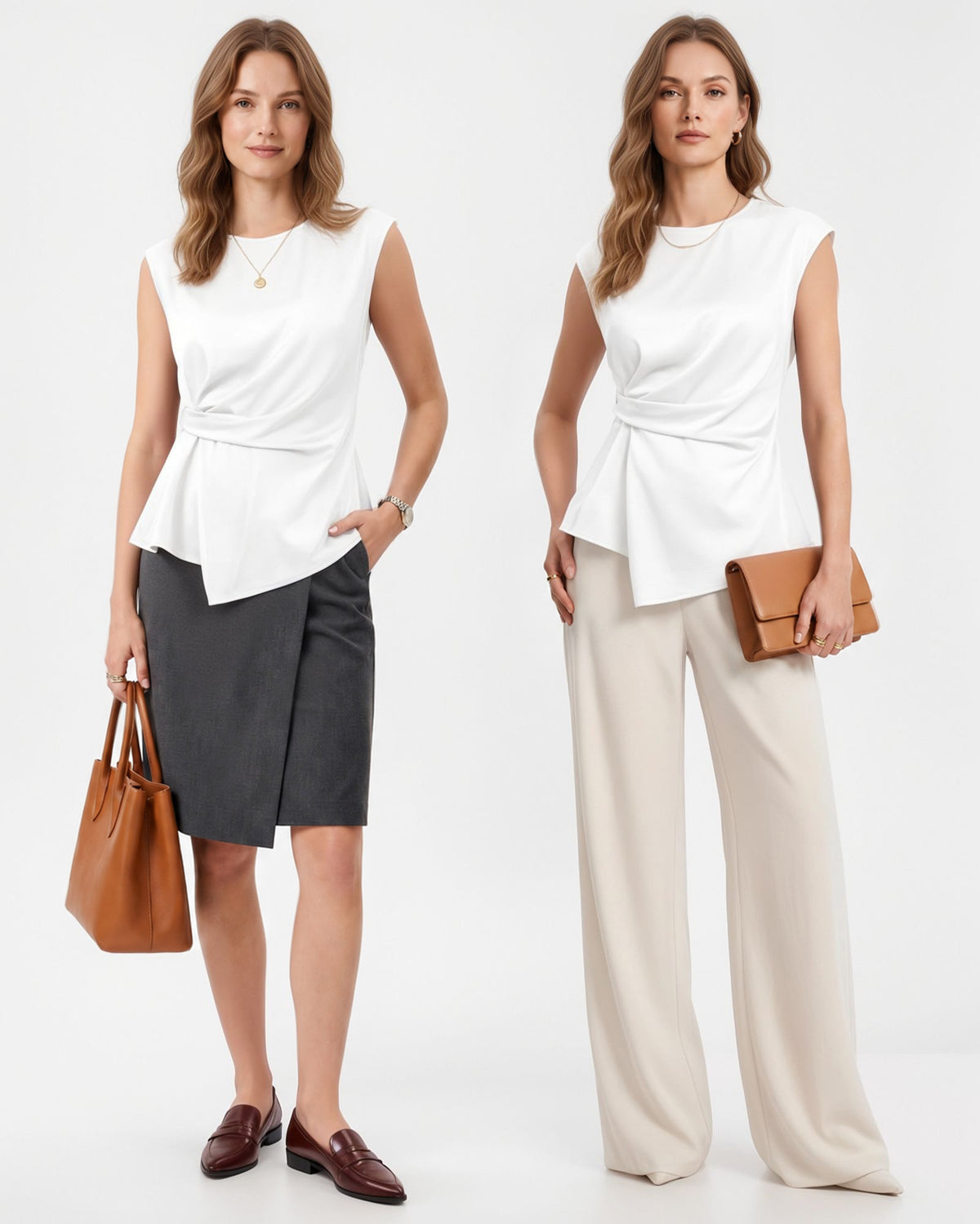 MANGOPOP Satin Peplum Short-Sleeve Crew Neck Cinched-Waist Blouse White