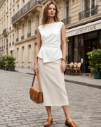 MANGOPOP Satin Peplum Short-Sleeve Crew Neck Cinched-Waist Blouse White