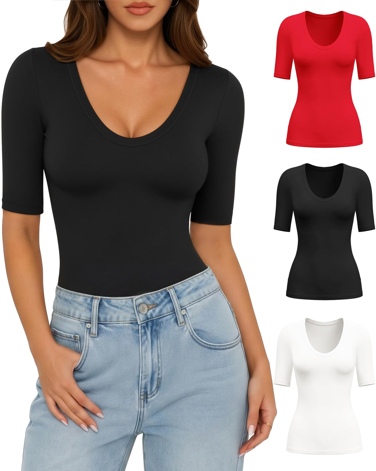 MANGOPOP 3 Pack Half-Sleeve Scoop Neck Tshirt Top - Black White Red