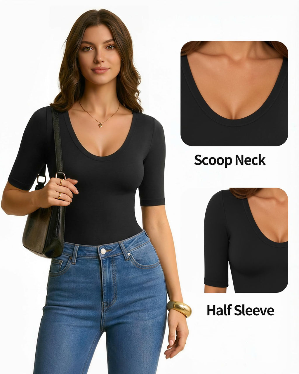 MANGOPOP 3 Pack Half-Sleeve Scoop Neck Tshirt Top - Black White Red