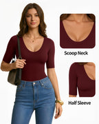 MANGOPOP 3 Pack Half-Sleeve Scoop Neck Tshirt Top - Black White Burgundy