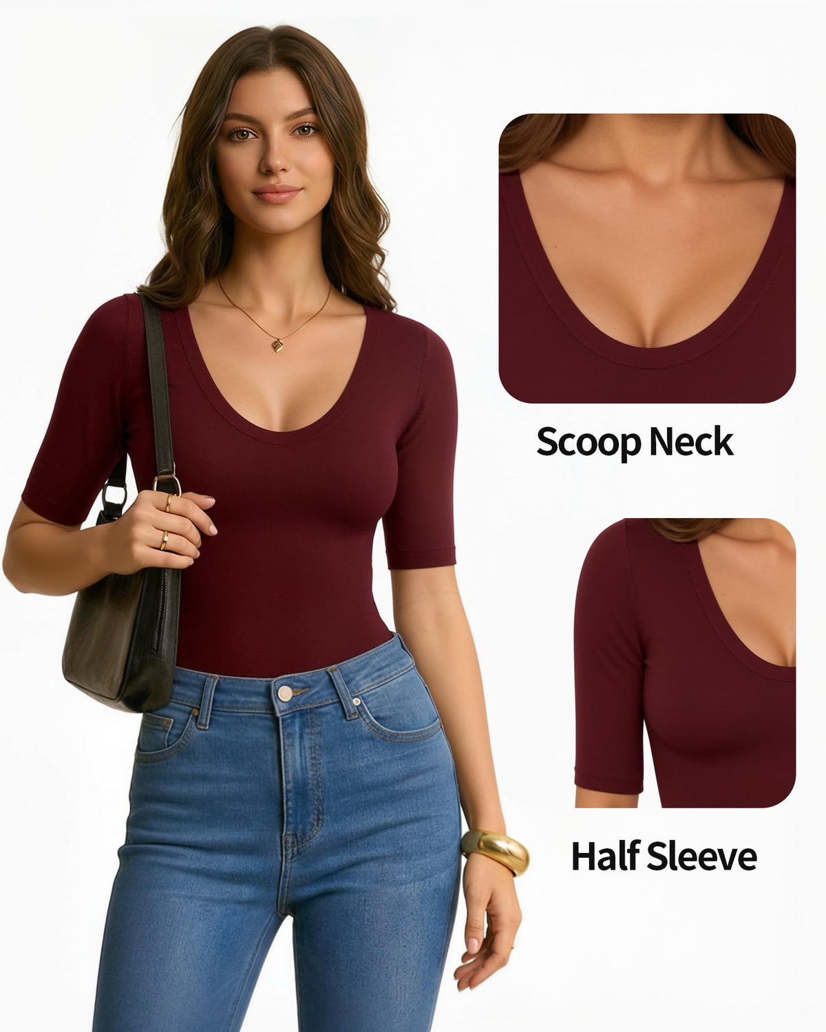 MANGOPOP 3 Pack Half-Sleeve Scoop Neck Tshirt Top - Black White Burgundy