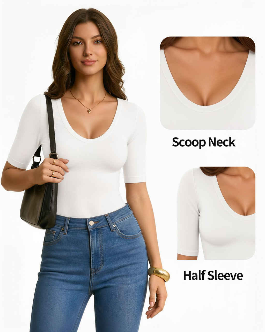MANGOPOP 3 Pack Half-Sleeve Scoop Neck Tshirt Top - Black White Coffee