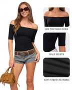 MANGOPOP Off-Shoulder Half-Sleeve Top Black 4