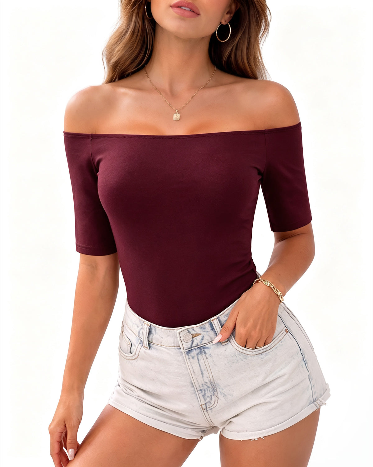 MANGOPOP Off-Shoulder Half-Sleeve Top Burgundy 1