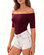 MANGOPOP Off-Shoulder Half-Sleeve Top Burgundy 2