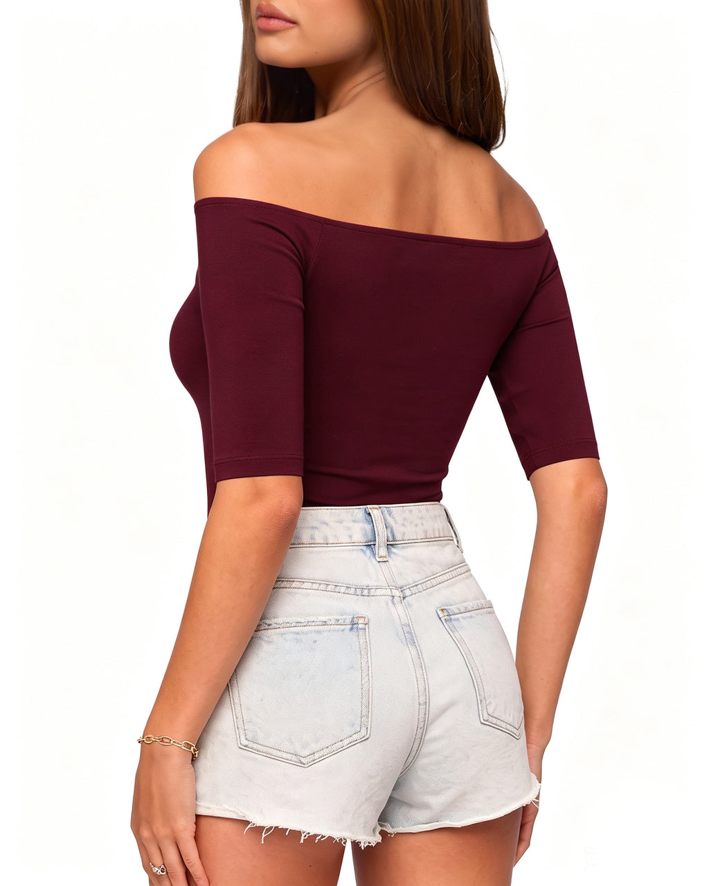 MANGOPOP Off-Shoulder Half-Sleeve Top Burgundy 3