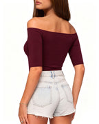 MANGOPOP Off-Shoulder Half-Sleeve Top Burgundy 3