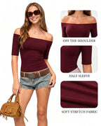 MANGOPOP Off-Shoulder Half-Sleeve Top Burgundy 4